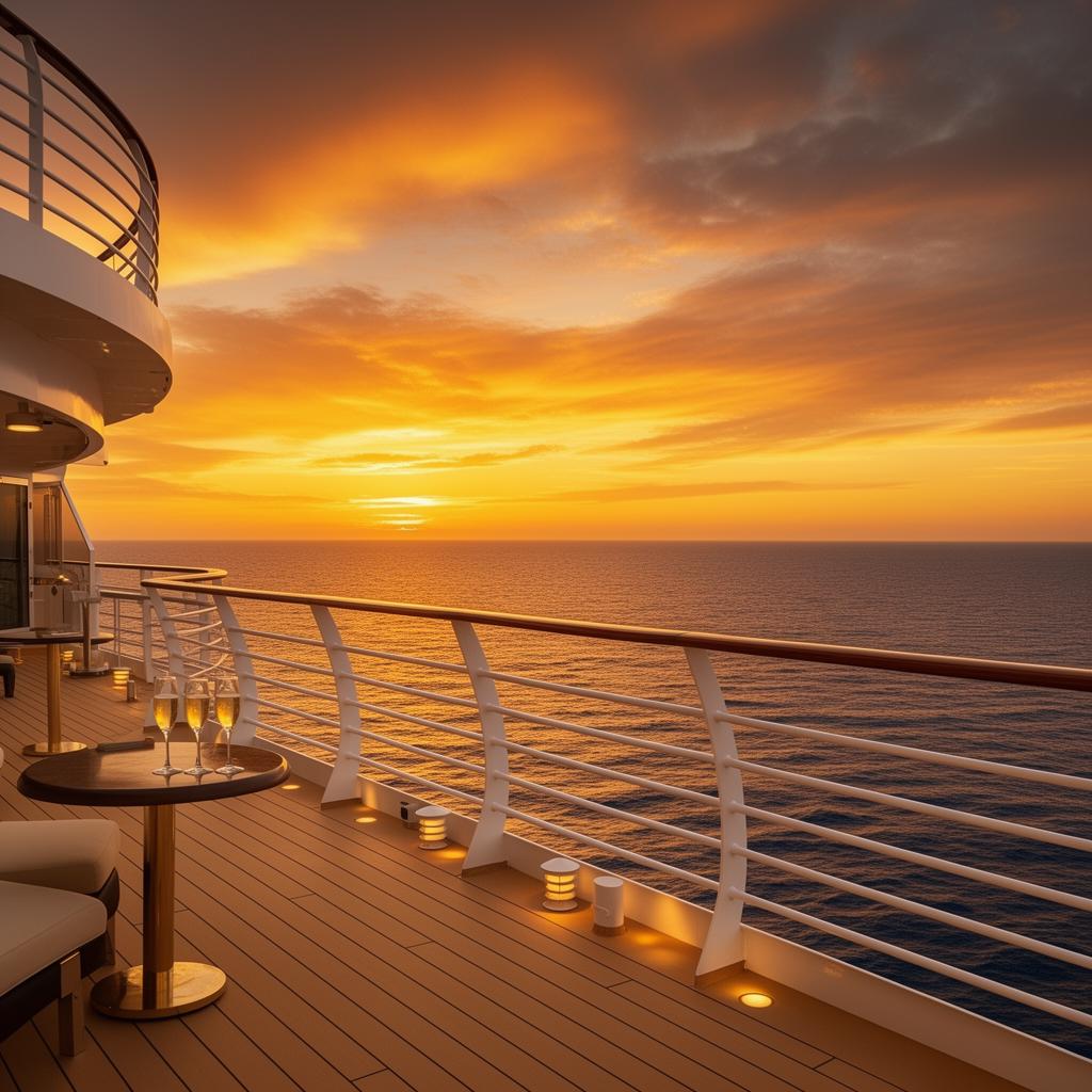 Luxury cruise ship deck at sunset with ocean views